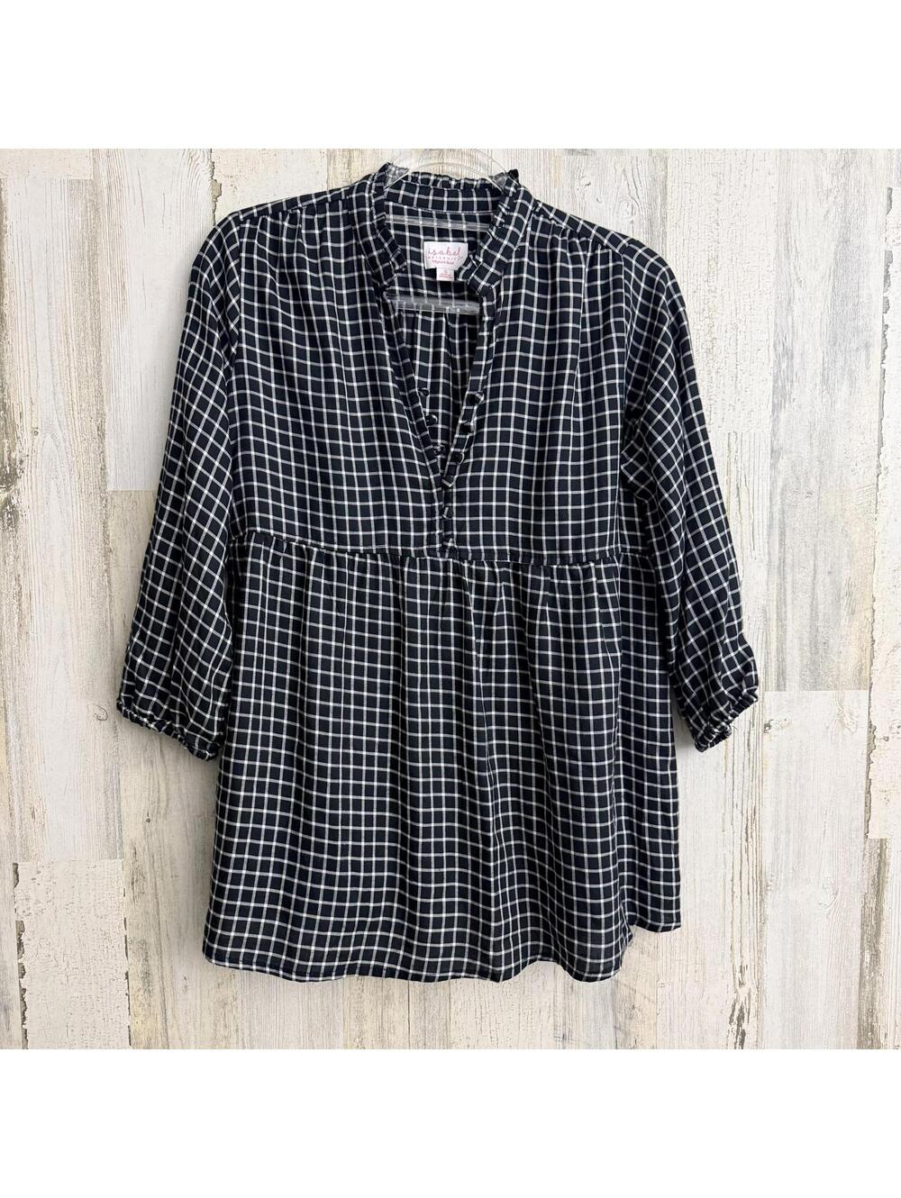 Isabel Maternity Womens Small Black White Plaid Babydoll Top